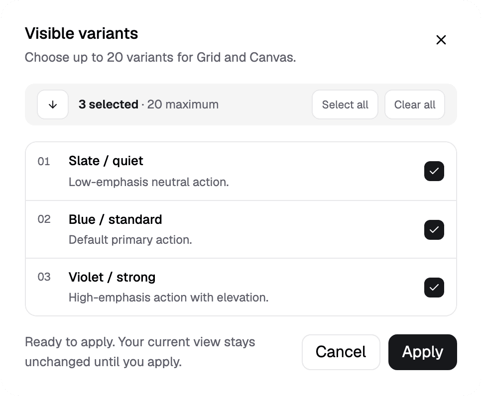 Variant chooser with visibility toggles and selected alternatives